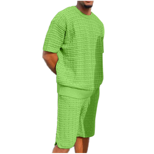 Ensemble de t-shirts à col rond en tricot pour homme, couleur unie, tenue décontractée d'été, respirant, manches courtes, shorts assortis, ensemble deux pièces - Product Image 1