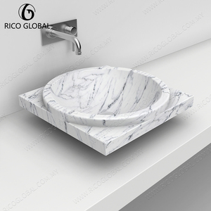 Lavabo de Mármol Redondo Pulido Blanco con Vetas Negras, Lavabo de Baño de Montaje Superior, Diseño Minimalista - Product Image 6