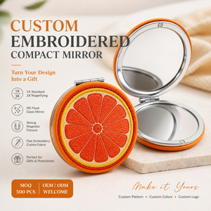 Handmade Fruit Embroidered Fabric <b>Compact</b> <b>Mirror</b> Round Silver Metal Frame Dual Sided HD Glass Pocket Makeup <b>Mirror</b> Bulk - Product Image 2