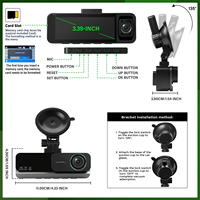 Caméra embarquée Podofo 3.16" 4K à 3 objectifs (avant, intérieur, arrière) avec enregistrement en boucle, vision nocturne, Wi-Fi intégré et GPS - Fournisseur en gros