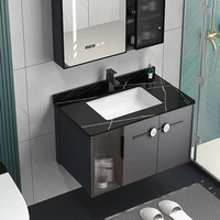 Ensemble de coiffeuse de salle de bain simple murale moderne contemporaine noir et gris clair de 31.5 pouces avec miroir et lavabo