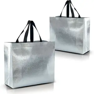 Custom Hot Sale Fashion Women Shopping Tote Foldable Reusable Silver Metallic Non Woven Bag With Sturdy Handle