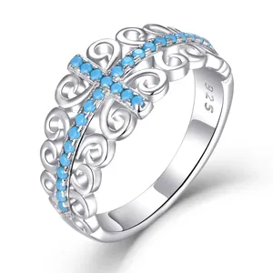 YILUN 925 Sterling Silver Turquoise Cross Ring Rhodium Plated Filigree Design CZ Diamond Wedding Band for Women