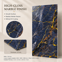 Panneau mural UV MORLENX bleu profond à veines dorées, feuille de marbre PVC haute brillance pour projets d'aménagement hôtelier