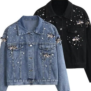 Chaqueta vaquera corta chic para mujer con decoración de libélula de perlas, cuello solapa y botonadura sencilla, estilo streetwear, venta al por mayor - Product Image 1