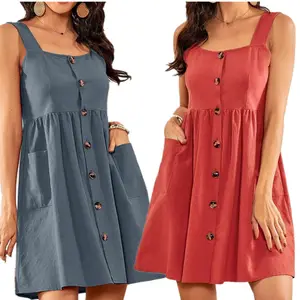 Vestido camisa feminino, vestido casual acima do joelho sem mangas gola quadrada com bolsos botões cor sólida vermelho azul linho para mulheres