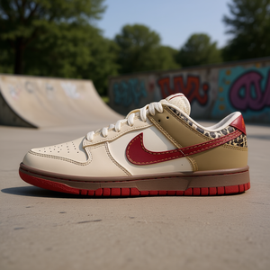 รองเท้าสเก็ตบอร์ด Nike Dunk Leather Low Top สำหรับผู้หญิง สีเบจแดง ลายพิมพ์สัตว์ พื้นรองเท้ายางแบบมีเบาะ - Product Image 2