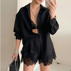 Ensemble de shorts en dentelle de couleur unie pour femmes, tenue d'été décontractée, style Europe Amérique, Smlxl2xl3xl - Product Image 3