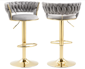 Modern Black Velvet Woven Bar <b>Stool</b>, Adjustable Swivel High Chair with Gold Base & Footrest for Kitchen - Product Image 6