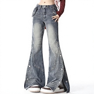 Pantalones Vaqueros Anchos de Cintura Alta para Mujer, Estilo Bootcut, Lavados, con Detalle de Botones, Logotipo Personalizado, Diseño de Moda, Venta al Por Mayor - Product Image 1