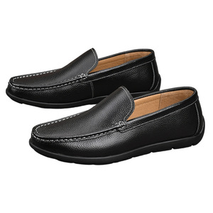 Mocassins en cuir véritable pour hommes, bout rond, à enfiler, semelle intermédiaire en EVA, motif uni, semelle en caoutchouc souple, chaussures de marche confortables toutes saisons - Product Image 4