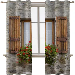 木制窗户批发图片，带石墙3D印花窗帘套装