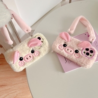 Luxe Fourrure En Peluche Cochon Doux TPU Téléphone étui pour iphone 16 15 Pro Max 14 Plus 13 Pro 12 11 Chaud Hiver Flurry Cheveux Fille Stand Couverture