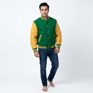 Veste bomber de haute qualité, design personnalisé, vente en gros, col montant, logo sur le devant, veste varsity verte, manches dorées - Product Image 1