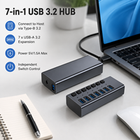7 Portlu Güçlendirilmiş USB 3.2 Gen2 Hub 10Gbps 7x USB-A Bireysel Anahtarlı Alüminyum FCC/CE Sertifikalı Stokta