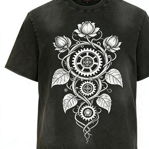 Camiseta de manga corta negra estilo steampunk <span class=keywords><strong>vintage</strong></span> con engranajes mecánicos y patrón de hojas, informal, unisex - Product Image 2