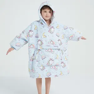 China Factory Thick Kids Sherpa Sweatshirt Hooded Blanket With Sleeves and Giant Pockets Cozy Fuzzy Plush Fleece Hoodie Blanket