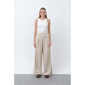 Pantalones Anchos de Lino para Mujer, Cintura Alta, Elásticos, Transpirables, Color Caqui EcrU - Product Image 3