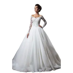 wedding dress bridal ball gowns Simple one-shoulder lace long-sleeved mesh belt trailing tail wedding gowns