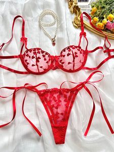 Red Heart Embroidery Lace Lingerie <b>Set</b> <b>Sexy</b> Sheer Mesh Intimates Underwire Bra and Tie Side Thong Panties <b>Set</b> 2 Piece OEM ODM - Product Image 2