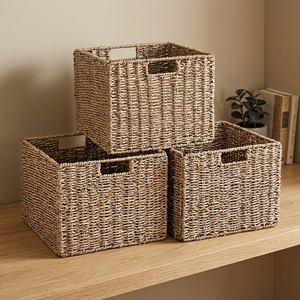 Seagrass Woven <b>Storage</b> Baskets Rectangle Handmade Rustic Style for Living Room Neatening Organizer <b>Bin</b> with Handles <b>3</b> Pack - Product Image 2