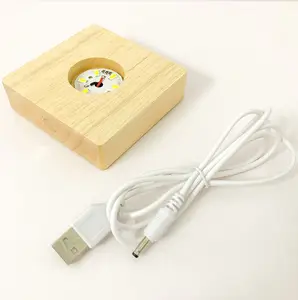 3D LED Night Light Lámpara de mesa de madera USB en forma cuadrada de cristal Adornos DE ARTE Base de exhibición Soporte