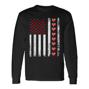 T-shirt a maniche lunghe con cuori della bandiera americana per San Valentino per coppie - Product Image 1