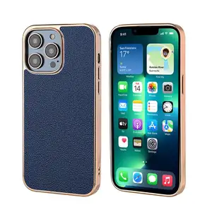 सैमसंग S24 S23 अल्ट्रा iPhone 14 13 प्रो मैक्स के लिए, गोल्डन प्लेटेड के साथ लीची टेक्सचर काउहाइड असली लेदर फोन केस