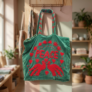 กระเป๋าโท้ทกำมะหยี่สีเขียวสั่งทำขายส่ง พร้อมลายปักตัวอักษร PEACE สีแดง รูปหัวนกพิราบ หัวใจ และลายดอกไม้สุดเก๋ - Product Image 6