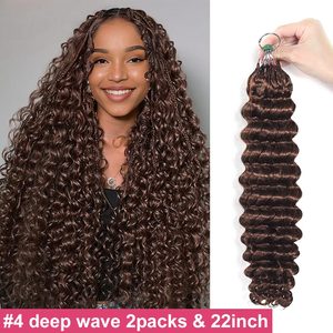 # Extensions de cheveux humains indiens Deep Wave 4, 22 pouces, cheveux vierges Remy, double trame, tissage en vrac, extension de cheveux au crochet invisible style bohème - Product Image 1