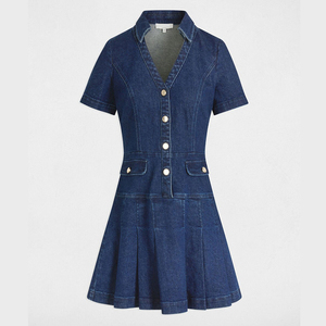 <span class=keywords><strong>Abito</strong></span> Mini a Linea A con Bottoni Frontali e Pieghe, Tasche Laterali, Vestito Casual da Donna in <span class=keywords><strong>Denim</strong></span> a Maniche Corte con Colletto a Risvolto - Product Image 2