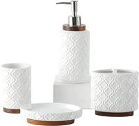 Ensemble d'accessoires de salle de bain en céramique écologique à six pièces, avec motifs de treillis marocains en bois brûlé brun foncé gaufré, pour table de toilette