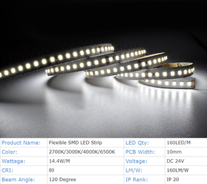Tira de Luz LED Flexible de 10 mm, SMD2835, No Impermeable, Alto Lumen 160lm/w, 168leds/m, DC24V, Un Solo Color - Product Image 2