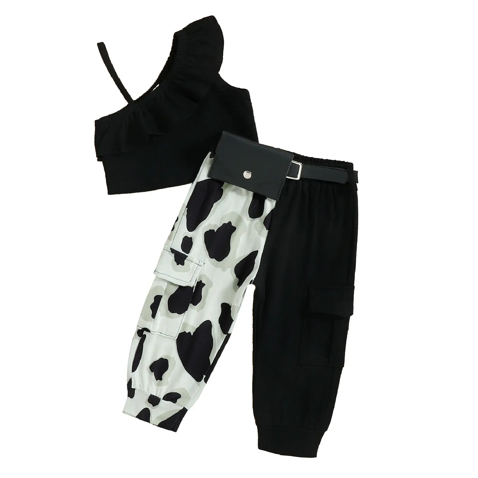 여름 패션 키즈 소녀 2pcs 의류 세트 tr90 한 어깨 프릴 솔리드 조끼 + 암소 인쇄 패치 워크 바지 허리 가방