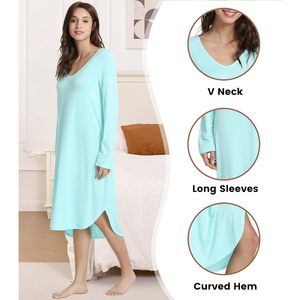 Camisón para mujer, sexy, de manga larga, con cuello en V, suave, de viscosa de bambú, ropa de dormir informal, vestido para estar en casa. - Product Image 4