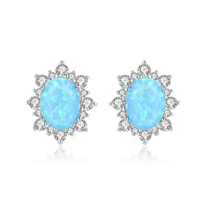 Wholesale fine jewelry zircon earrings s925 sterling silver vintage flower shape oval opal stud earrings