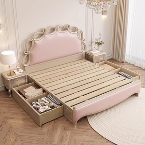 Cama Doble <span class=keywords><strong>de</strong></span> Madera Maciza <span class=keywords><strong>de</strong></span> Lujo Ligero, Estilo Princesa, con Lazo Rosa <span class=keywords><strong>de</strong></span> 1.8 m, en Color Crema Francés, con Cuero Genuino, para Segunda Cama Suave - Product Image 6
