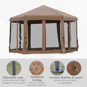 Tonnelle de camping hexagonale pop-up robuste avec 6 moustiquaires, cadre en acier réglable en hauteur sur 3 niveaux, marron - Product Image 2