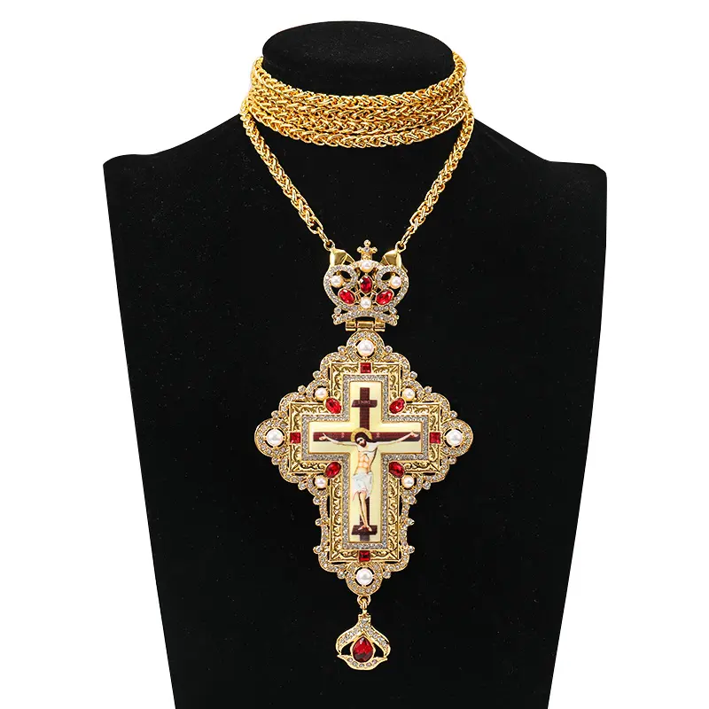 Gioielli con ciondolo sacerdote ortodosso russo con corona di perle placcato oro pietre rosse collana con croce religiosa della chiesa pettorale