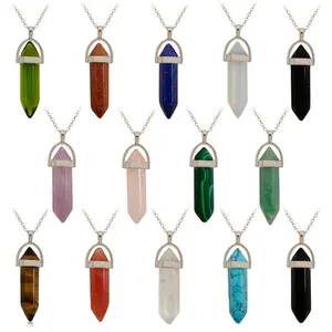 Grosir Batu Alam Amethyst Rose Quartz Kristal Peluru Heksagonal Pendulum Liontin Kalung DIY Batu Permata Kristal Perhiasan