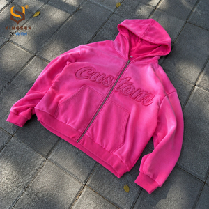 เสื้อฮู้ดดี้สตรีทแวร์แบบหนา ผ้าฝ้าย 100% สไตล์วินเทจ ล้างสีแบบแอซิดวอช ซีดจางแบบซันเฟด แต่งแพทช์ปะติด ปักลาย ซิปหน้า - Product Image 1