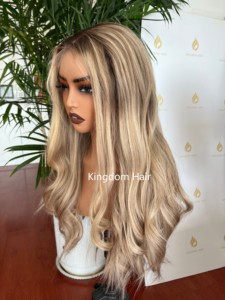 Pré-commande Perruque juive en dentelle complète avec dessus en soie réaliste, cheveux européens, brunette blonde balayage avec racines cendrées, pour l'alopécie - Product Image 3