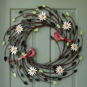 Corona de metal rústica con pájaros rojos y flores de margarita, decoración de pared hecha a mano, forma redonda, sin iluminación - Product Image 5