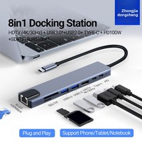 Adaptateur USB-C 8-en-1 vers 4K 30Hz pour la mise en miroir de l'écran, extension multi-ports Type-C avec carte TF SD, USB PD, RJ45 pour ordinateur portable, téléphone, tablette