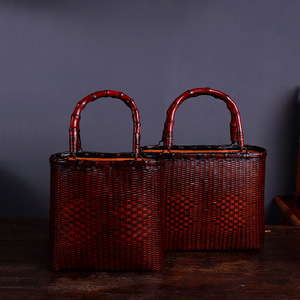 Handmade Bamboo Woven Tote Bag Solid Color Portable Women's Beach Bag Tea Set Storage Craft - Product Image 2