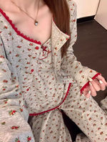 Ensemble de pyjama 3 pièces vintage pour femme style coréen, imprimé floral, en coton, avec dentelle douce, manches longues, collection automne 2026, vêtements d'intérieur et de nuit