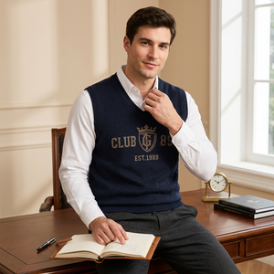 Gilet en laine à col roulé pour homme, bleu marine, avec fermeture éclair, motif géométrique, sans manches, anti-boulochage, pour l'automne - Product Image 1