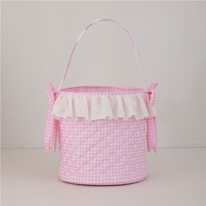 Nuovi Stili di Cesti Pasquali per Bambini, Alta Qualità, Motivo a Quadretti, con Volant e Fiocco, per Caramelle e Uova, Rosa - Product Image 3