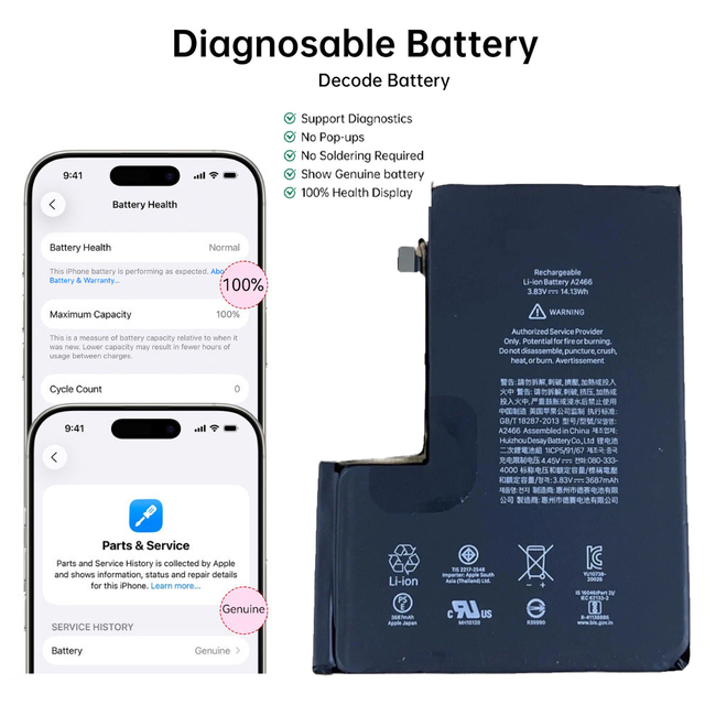 Wholesale Replaceable Battery for iPhone 12ProMax  13Pro 14Plus 15 100% Health No Pop-up Decode Chip Phone Replacement Battery