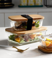 Boîte à lunch en verre avec couvercle en bambou, résistante à la chaleur, compatible micro-ondes, anti-fuite, grande capacité, récipient de stockage pour réfrigérateur